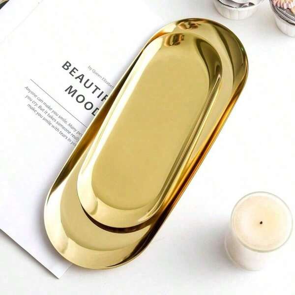 1pc Brass Vanity Tray - Oval Unelectrified Makeup & Jewelry Storage Box, Perfume & Cosmetics Holder, Elegant Sponge Soap Dish Bathroom Accessory, Home Decor Accent