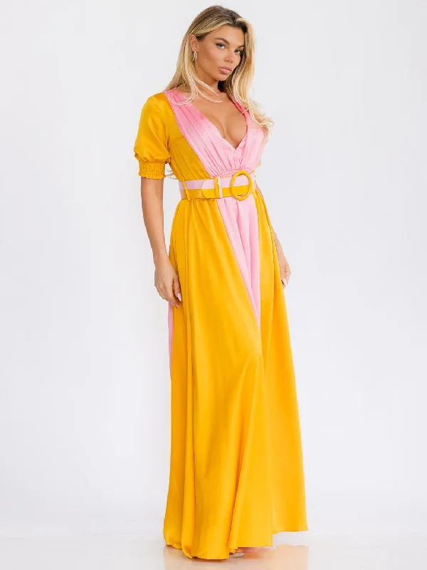 Women's Clothes And Apparel Sets Stay Ahead In Style WOMEN'S SHORT PUFF SLEEVE V-NECK COLORBLOCK BELTED MAXI DRESS
