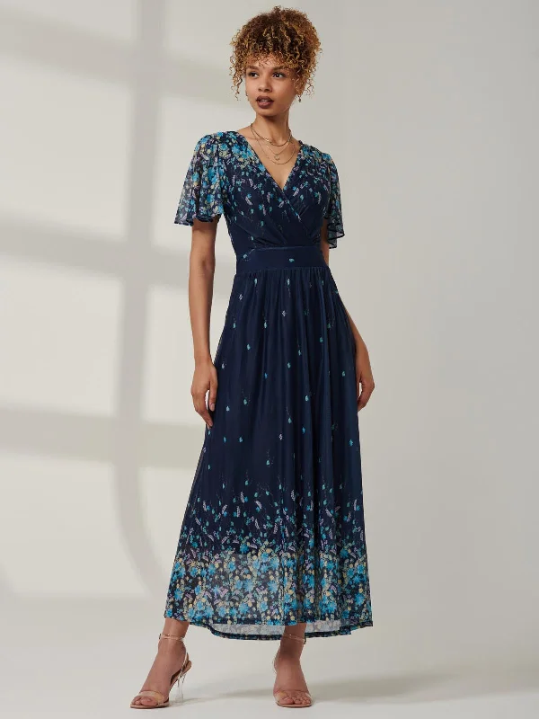 Women's Trendy Clothes Trend Leading Collection Mirrored Mesh Angel Sleeve Maxi Dress, Blue Floral