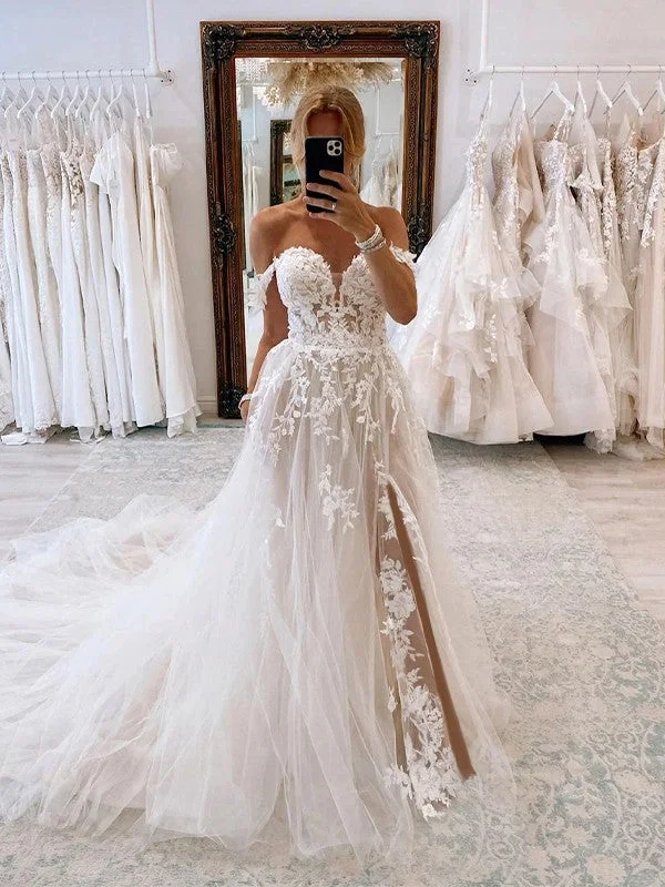 Women's Layered Outfit Spring Offer A-Line/Princess Tulle Applique Off-the-Shoulder Sleeveless Chapel Train Wedding Dresses Women's Layered Outfit Spring Offer A-Line/Princess Tulle Applique Off-the-Shoulder Sleeveless Chapel Train Wedding Dresses