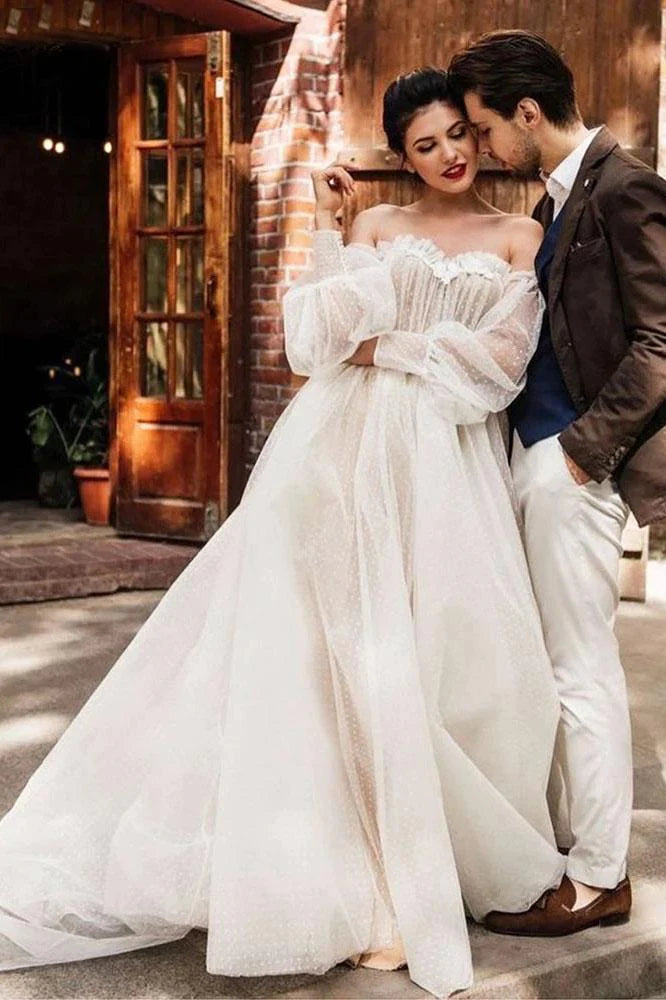 Women's Work Outfit Best Deals Of The Season Off the Shoulder Bride Dress Simple Long Puffy Sleeves Wedding Gown Women's Work Outfit Best Deals Of The Season Off the Shoulder Bride Dress Simple Long Puffy Sleeves Wedding Gown
