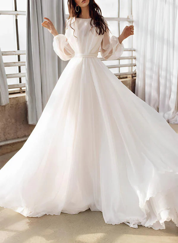 Women's Clothing For Outdoor Activities Elevated Casual Discounts A-line fantasy collar long sleeved sweeping and mopping chiffon wedding dress Women's Clothing For Outdoor Activities Elevated Casual Discounts A-line fantasy collar long sleeved sweeping and mopping chiffon wedding dress