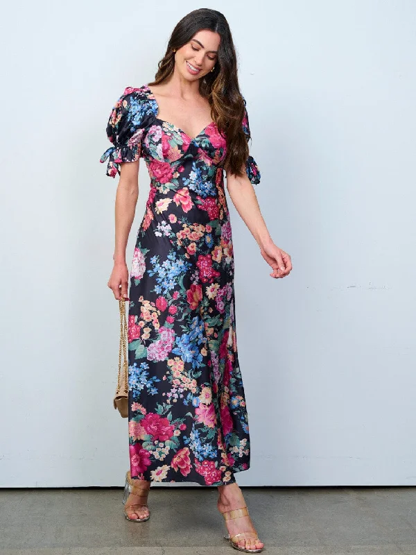 Women's Sports Apparel Limited Edition WOMEN'S SHORT PUFF SLEEVES V-NECK FLORAL MAXI DRESS