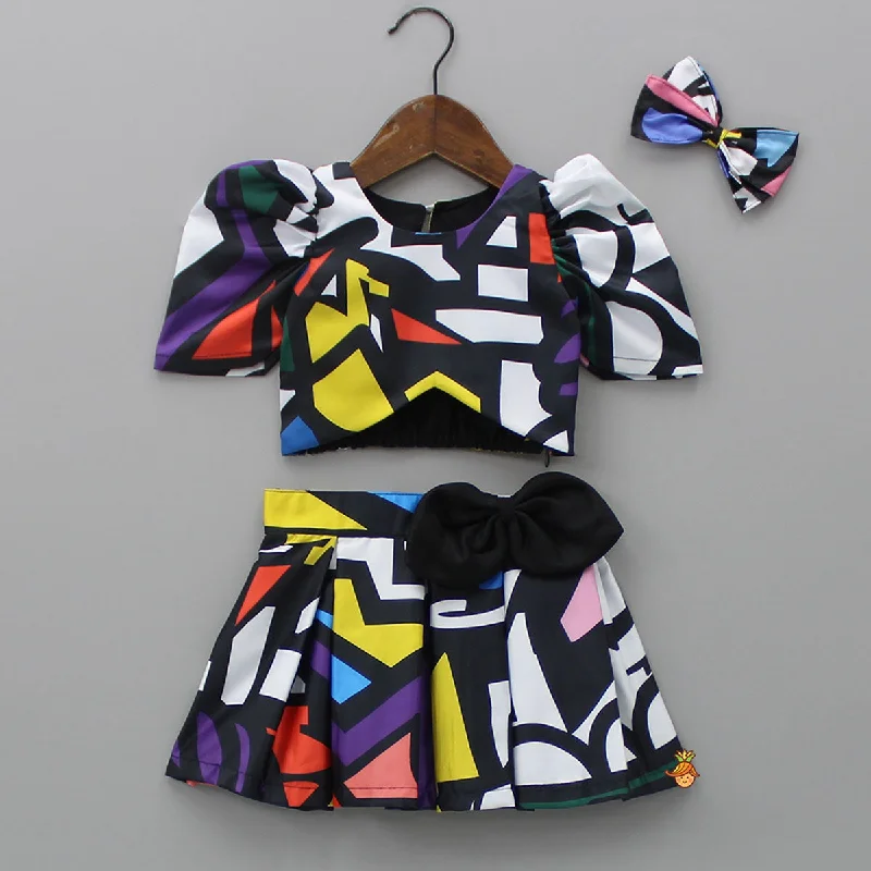 Women's Clothes For The Office Best Deals Of The Season Geometric Printed Asymmetric Black Top And Skirt With Matching Hair Clip Women's Clothes For The Office Best Deals Of The Season Geometric Printed Asymmetric Black Top And Skirt With Matching Hair Clip