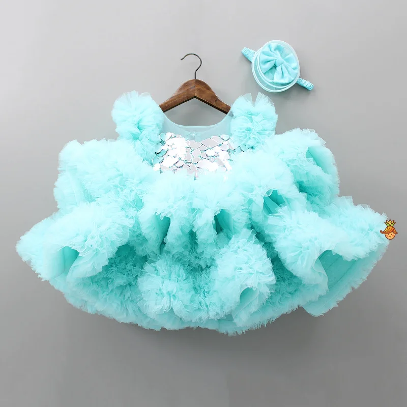 Women's Casual Apparel For Weekends Vibrant Style Promotions Mirror Work Yoke Blue Ruffle Dress With Bowie Head Band Women's Casual Apparel For Weekends Vibrant Style Promotions Mirror Work Yoke Blue Ruffle Dress With Bowie Head Band