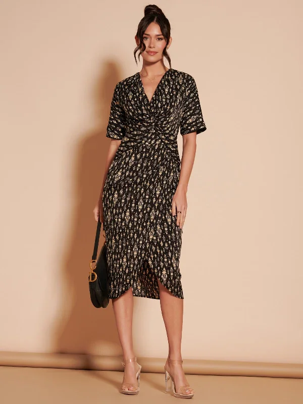 Women's Clothes For Outdoor Events Glamorous Fashion Offers Print Twist Front Tulip Midi Dress, Black Multi