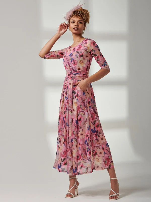Affordable Women's Garments Exclusive Discounts Bella Print 3/4 Sleeve Mesh Maxi Dress, Pink Floral