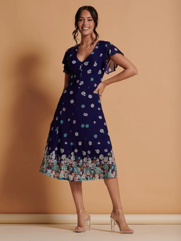 Women's Comfortable Lounge Outfit Browse Our Top Products Mirrored Print Mesh Fit & Flare Midi Dress, Blue Floral
