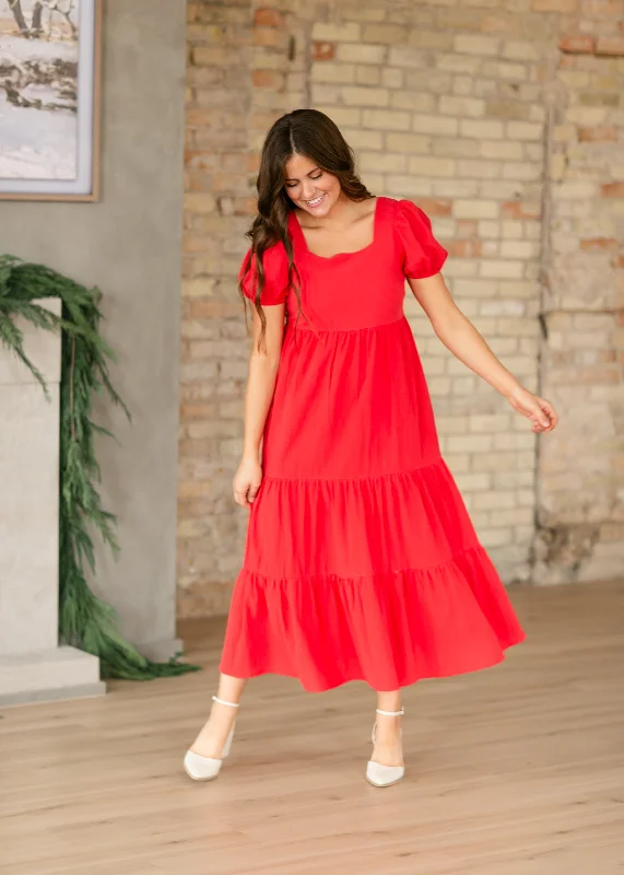 Women's Clothing For Everyday Wear Don't Miss Out Harper Short Sleeve Tiered Red Maxi Dress