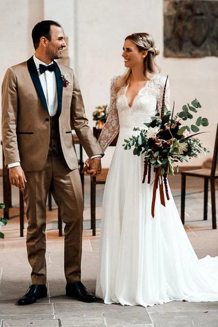 Modern Women's Apparel Hot Trends Simple Long Sleeve V Neck Chiffon Wedding Dresses Modern Women's Apparel Hot Trends Simple Long Sleeve V Neck Chiffon Wedding Dresses