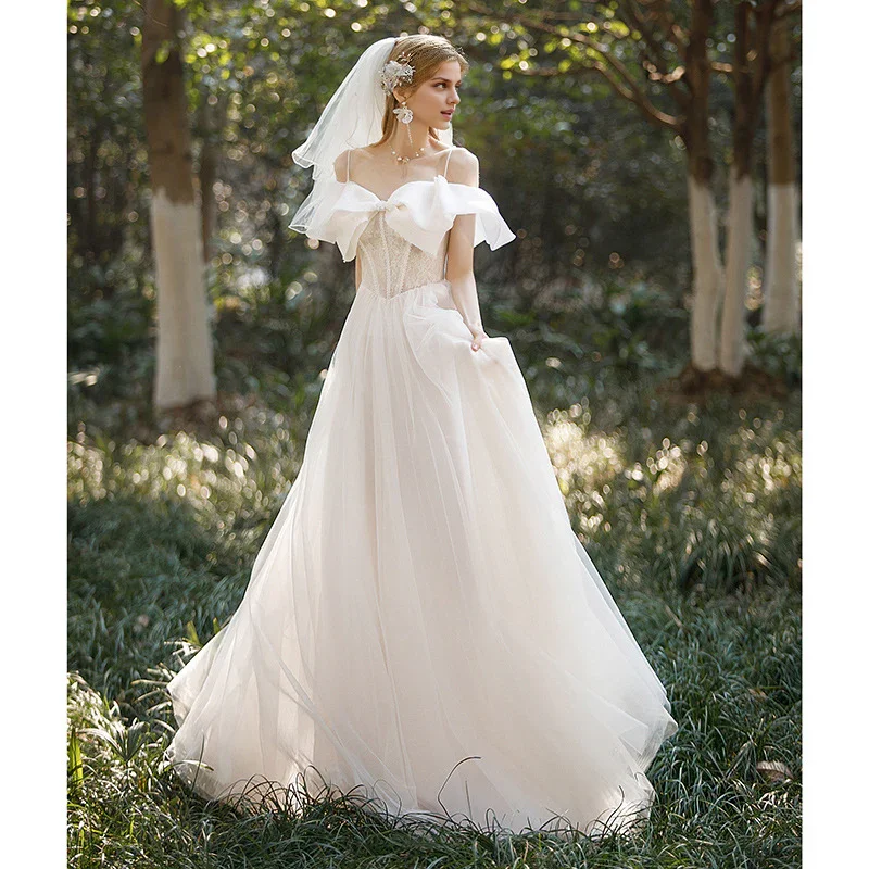 Stylish Women's Attire Unleash Your Fashion Wedding Dress Spaghetti Strap Bow knot Neck Fantastic Atmosphere Long Formal Wear Dresses Without a veil Stylish Women's Attire Unleash Your Fashion Wedding Dress Spaghetti Strap Bow knot Neck Fantastic Atmosphere Long Formal Wear Dresses Without a veil