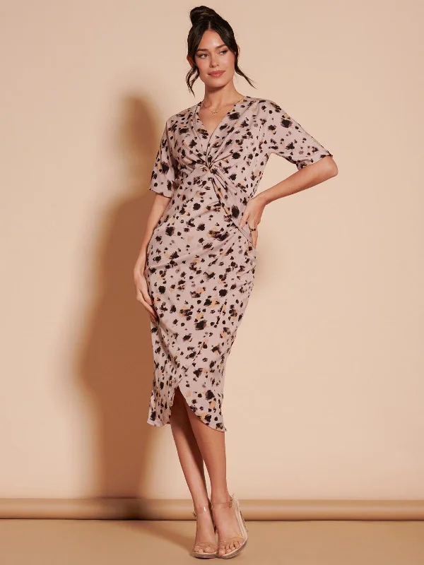 Stylish Women's Clothing Avant-Garde Style Promotions Print Twist Front Tulip Midi Dress, Dusty Pink
