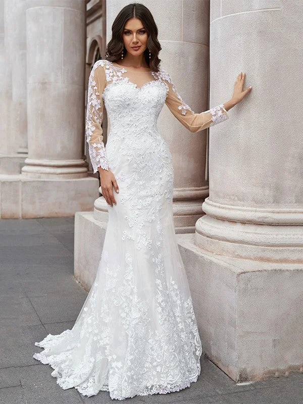 Women's Weekend Outfit You'Ll Love Us Because Trumpet/Mermaid Tulle Applique Scoop Long Sleeves Sweep/Brush Train Wedding Dresses Women's Weekend Outfit You'Ll Love Us Because Trumpet/Mermaid Tulle Applique Scoop Long Sleeves Sweep/Brush Train Wedding Dresses