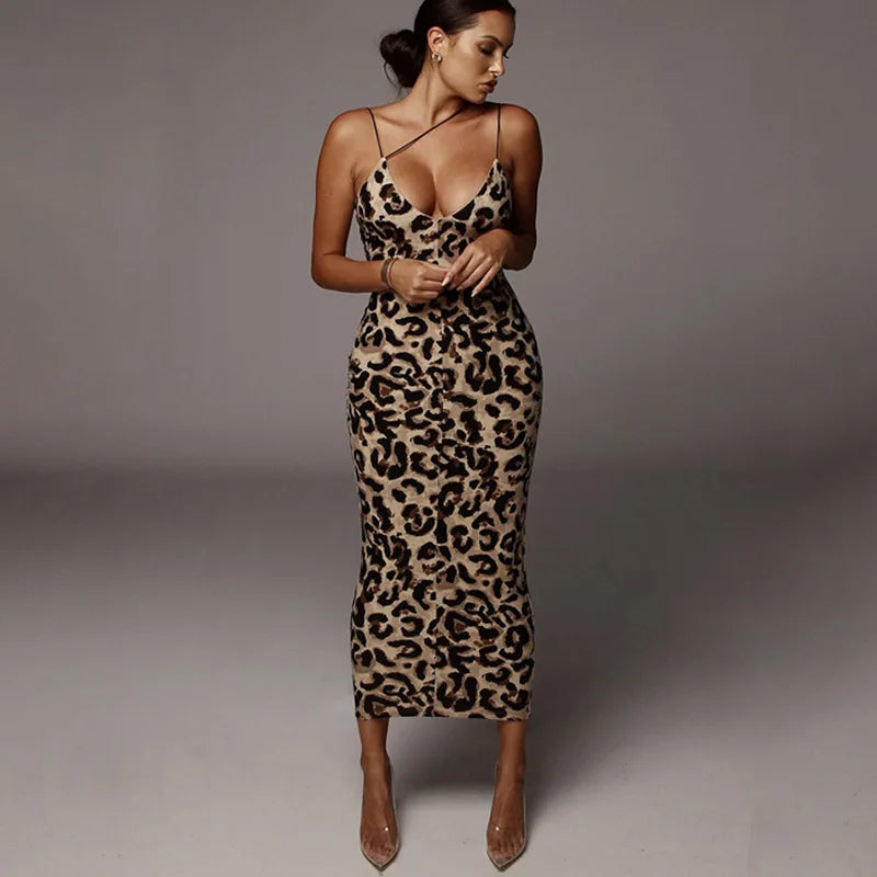 Women's Outfit Don't Miss Out Leopard Print Sleeveless V-neck Sexy Spring Christmas Outfits Midi Dresses