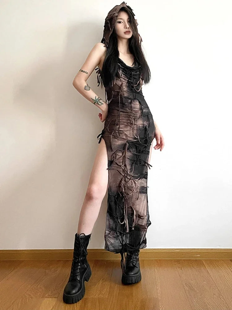 Women's Outfit For The Office Fast Fashion Favorites Tassel Vintage Gothic Hooded Midi Dress Fairy Grunge Y2K Sexy High Split Sleeveless Tie Dye Dress