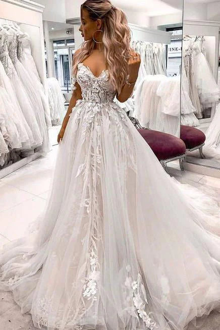 Affordable Women's Clothing Limited Time A-Line Off the Shoulder Tulle Lace Appliques Boho Wedding Dress