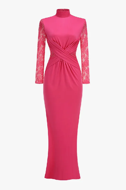 Women's High-Fashion Apparel Hot Sale Radiant Pleated High Neck Lace Sleeve Twist Fishtail Evening Maxi Dress