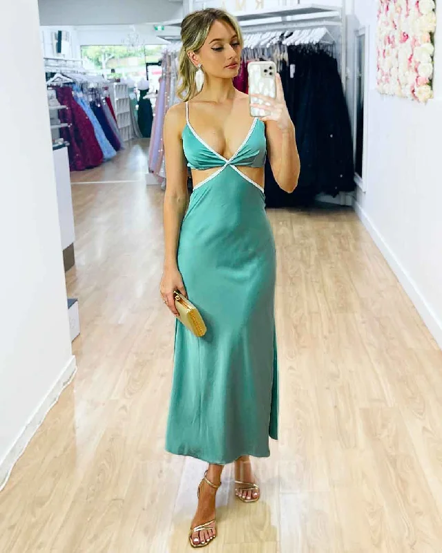 Women's Elegant Evening Attire Ride The Style Wave Billie Satin Midi Dress - Sage