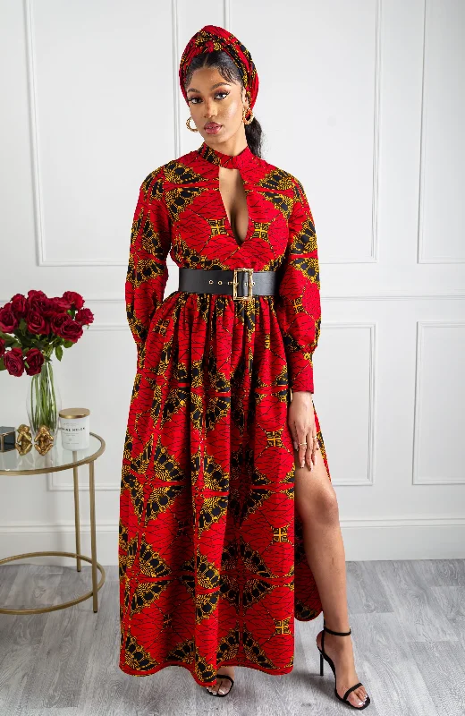 Women's Apparel Top Deals Turtleneck Plunge African Print Maxi Dress | Long Sleeved Maxi Dress - CORDELIA