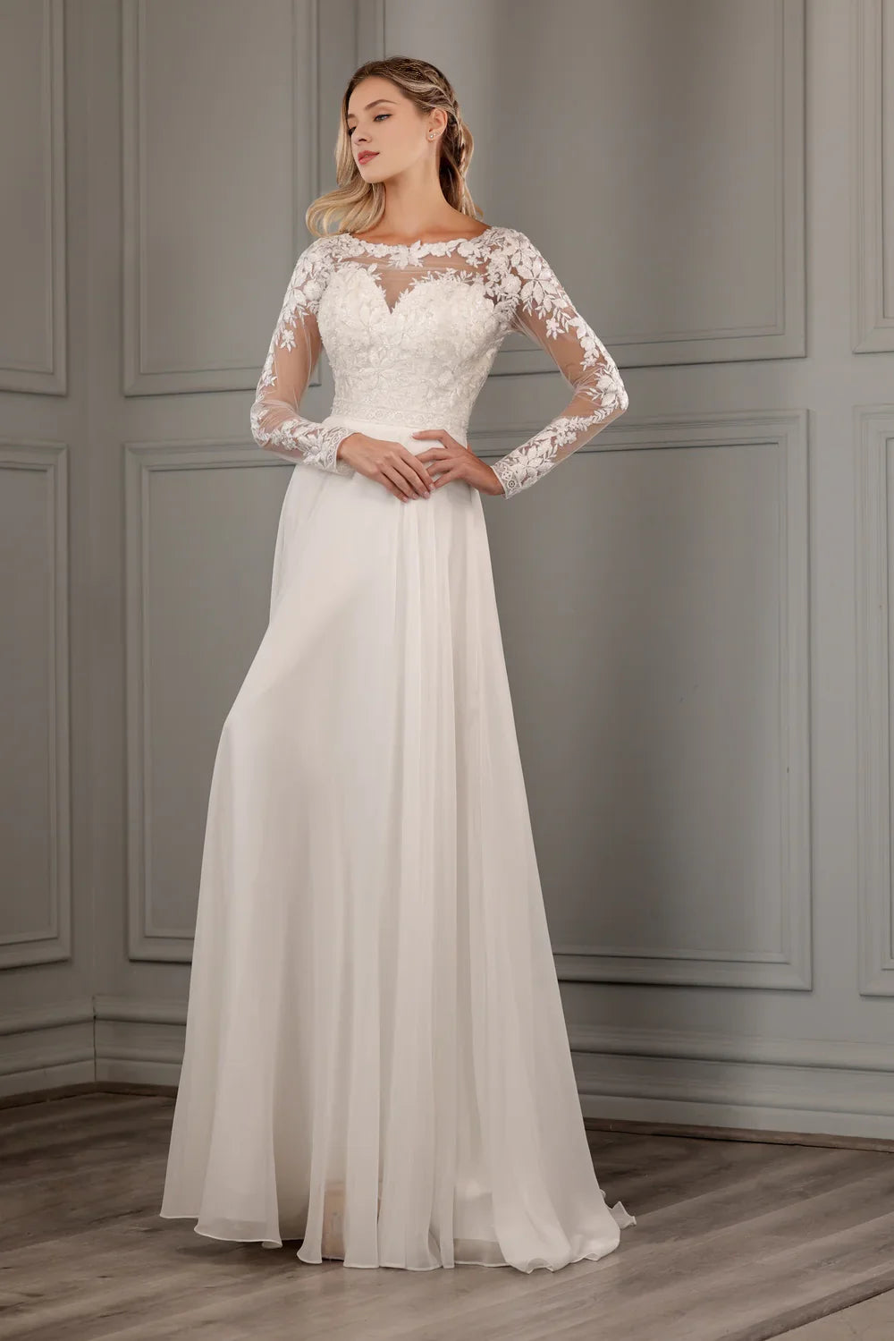 Women's Stylish Professional Garments Special Offer Embroidered applique long sleeved chiffon wedding dress Women's Stylish Professional Garments Special Offer Embroidered applique long sleeved chiffon wedding dress