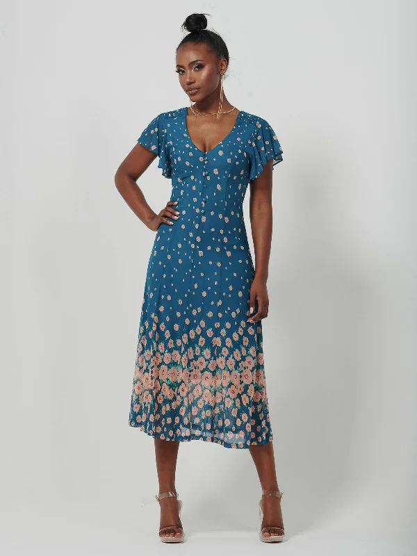 Women's Tailored Outfit Flash Sale, Don'T Miss Mirrored Mesh Fit & Flare Midi Dress, Teal floral