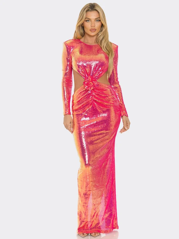 Women's Clothes And Apparel Sets Swimwear Summer Blowout WOMEN'S LONG SLEEVE OPEN BACK CUT OUT BODYCON SEQUINS MAXI DRESS