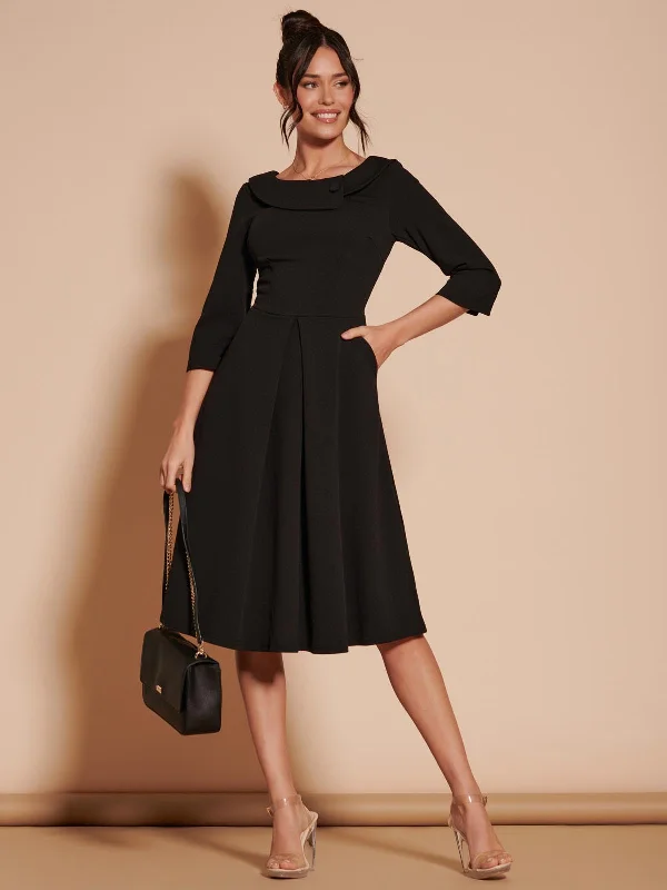 Women's Clothing Apparel Sets Mega Sale 3/4 Sleeve Fold Neck Midi Dress, Black