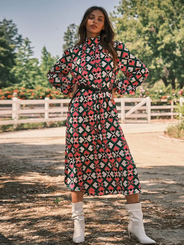 Women's Loungewear Clothes Fashion Sale WOMEN'S LONG SLEEVE MOCK NECK MULTI PRINT MAXI DRESS