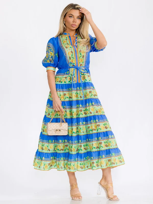 Women's Formal Clothes Comfortable Chic WOMEN'S SHORT PUFF SLEEVES COLORBLOCK BUTTON UP FLORAL MAXI DRESS