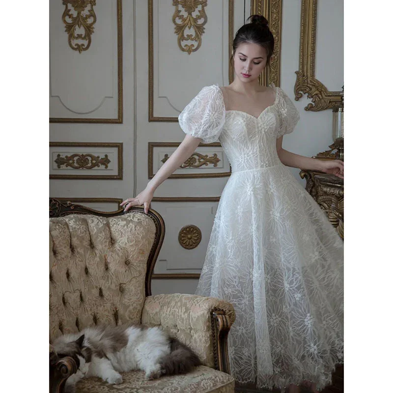 Charming Women's Holiday Apparel Retro Style Promotions Wedding Dress A Line Tulle Short Sleeves Heart-Shaped Collar Lace Formal Wear Dresses Charming Women's Holiday Apparel Retro Style Promotions Wedding Dress A Line Tulle Short Sleeves Heart-Shaped Collar Lace Formal Wear Dresses