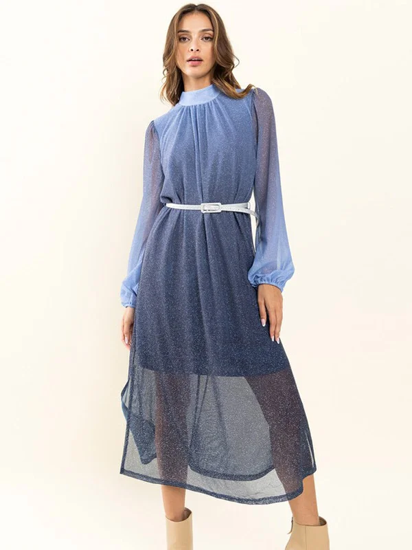 Affordable Women's Clothing Chic Styles WOMEN'S LONG SLEEVE MOCK NECK BELTED SHIMMER MAXI DRESS