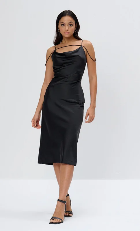 Affordable Women's Apparel Style Breakthroughs Black Satin Strap Midi Dress