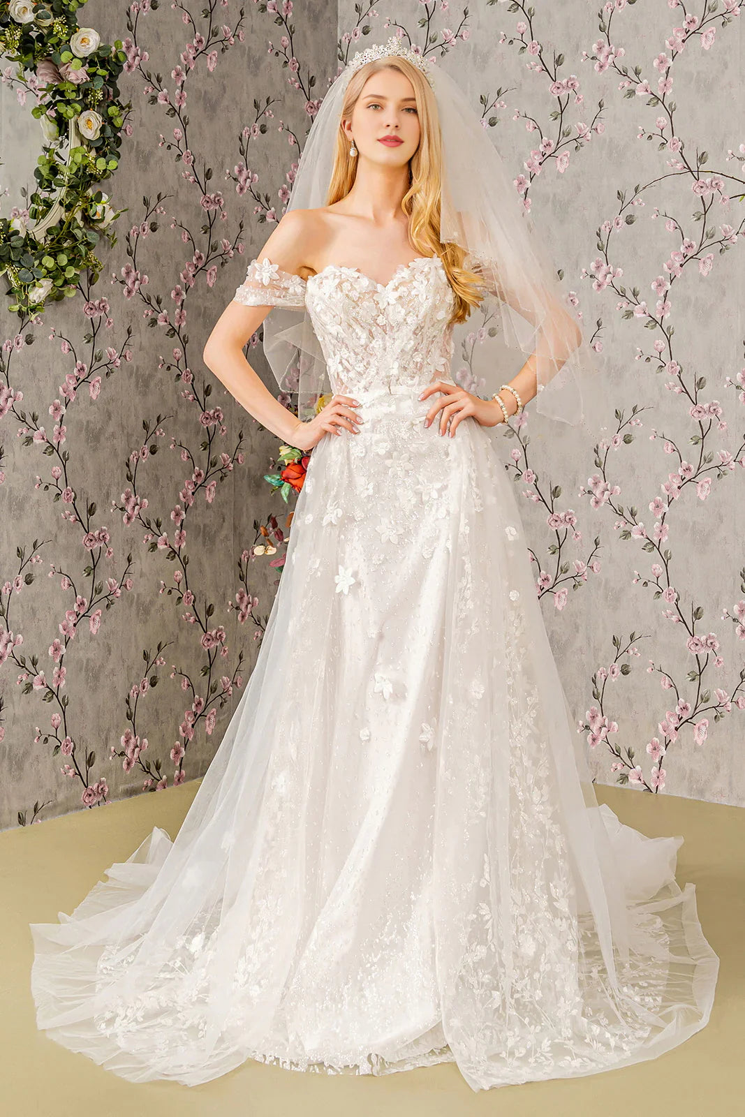Stylish And Comfortable Clothing For Women Limited Time 3D flower decal long open shoulder transparent tight corset wedding dress