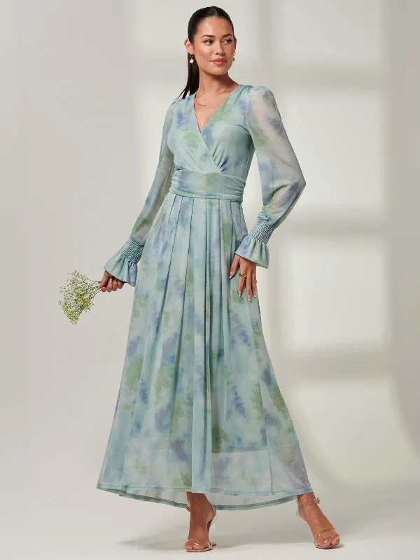 Affordable Luxury Women's Apparel Fashion Frontiers Tie Dye Print Mesh Maxi Dress, Green Multi