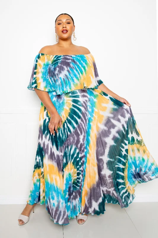 Women's Romantic Outfit Seasonal Trends Tie Dye Off Shoulder Pleated Maxi Dress