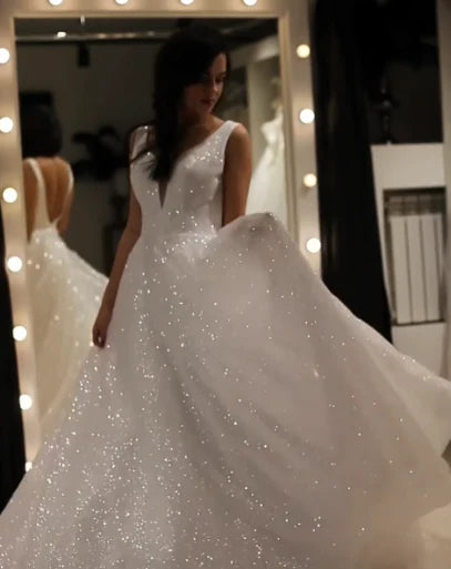 Casual Chic Women's Clothes Minimalist Fashion Sale Shiny Ivory Sequins V Neck Backless Straps Wedding Dresses Casual Chic Women's Clothes Minimalist Fashion Sale Shiny Ivory Sequins V Neck Backless Straps Wedding Dresses