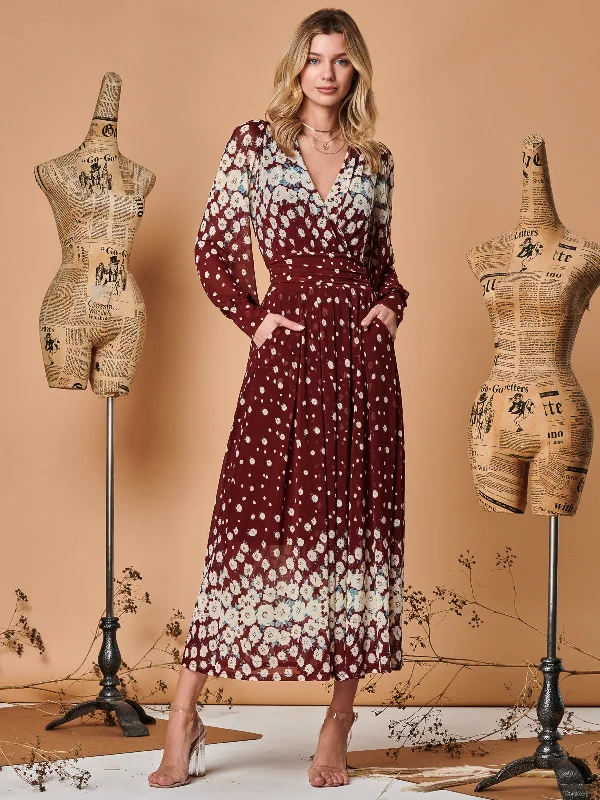 Timeless Women's Outfit Exclusive Designer Style Deals Symmetrical Print Mesh Maxi Dress, Burgundy Multi