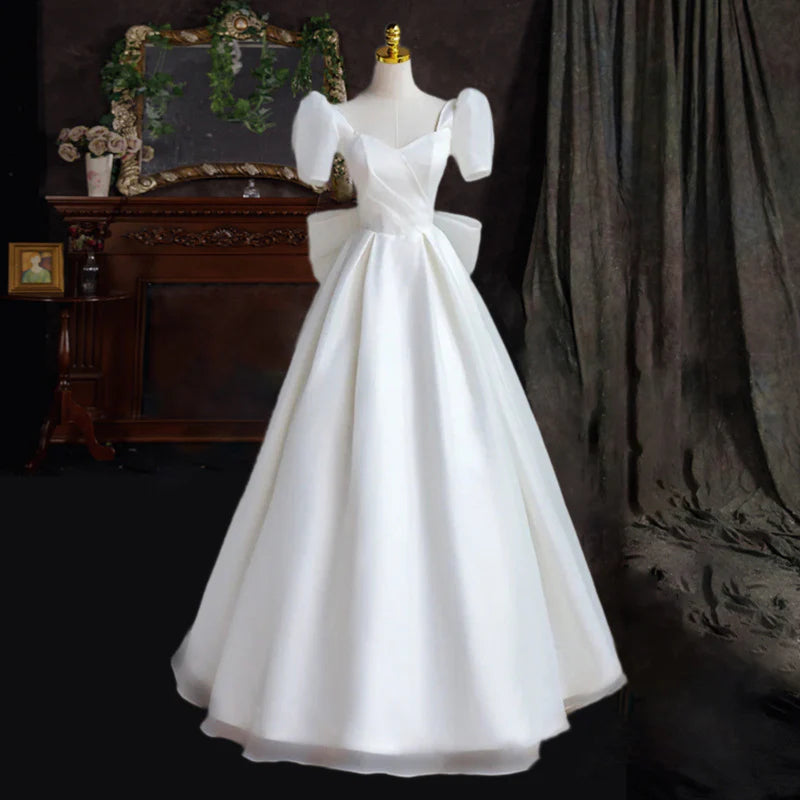 Women's Stylish Professional Garments Casual Fashion Wedding Dress Heart-shaped collar Satin Short Sleeves Back Bow knot Decorate Long Formal Wear Dresses Women's Stylish Professional Garments Casual Fashion Wedding Dress Heart-shaped collar Satin Short Sleeves Back Bow knot Decorate Long Formal Wear Dresses