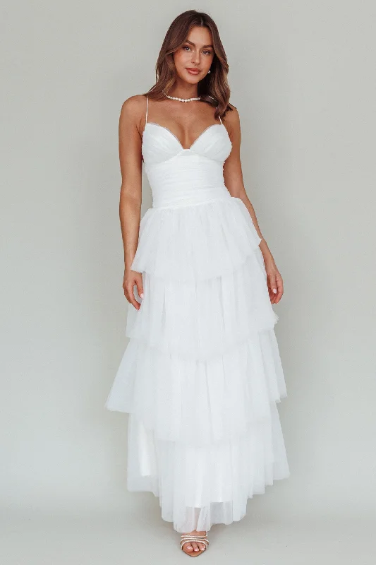 Women's Clothes And Apparel Sets Vintage-Modern Style Offers Nightingale Tiered Mesh Maxi Dress White Women's Clothes And Apparel Sets Vintage-Modern Style Offers Nightingale Tiered Mesh Maxi Dress White