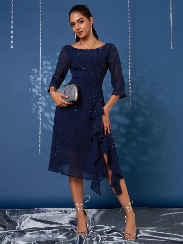 Women's Professional Apparel On-Trend Fashion Offers Diamante Embellished Chiffon Midi Dress, Navy
