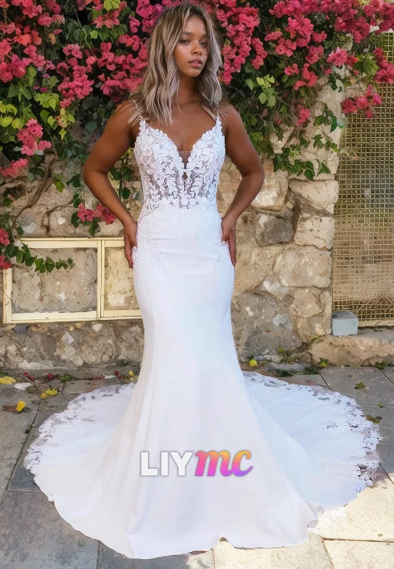 Women's Clothing Sets Fast Fashion Favorites V-Neck Sleeveless Appliques Mermaid Wedding Dress