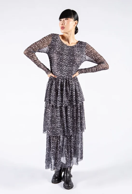 Women's Stylish Professional Garments Clearance Event Mesh Leo Print Tiered Dress
