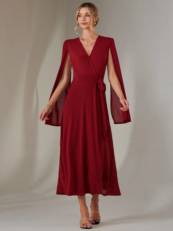 Women's Apparel And Garments Flash Sale Fever Amira Cape Sleeve Wrapped Maxi Dress, Merlot