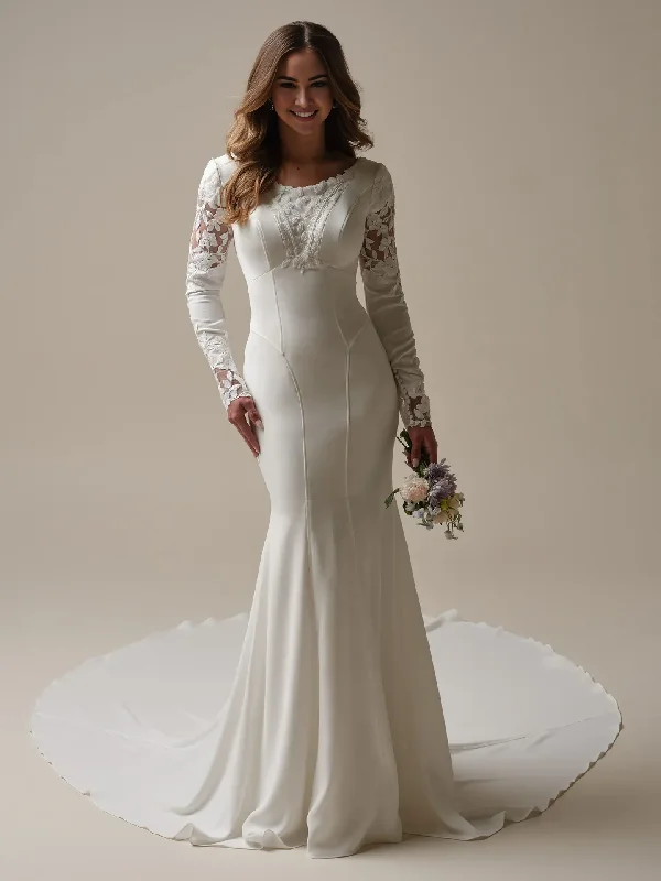 Vintage-Inspired Women's Apparel Spring Fashion Wedding Dress Scoop Neck Long Sleeves Mermaid Sheath Crepe Floral Lace Tulle Bridal Gown Formal Wear Dress Vintage-Inspired Women's Apparel Spring Fashion Wedding Dress Scoop Neck Long Sleeves Mermaid Sheath Crepe Floral Lace Tulle Bridal Gown Formal Wear Dress