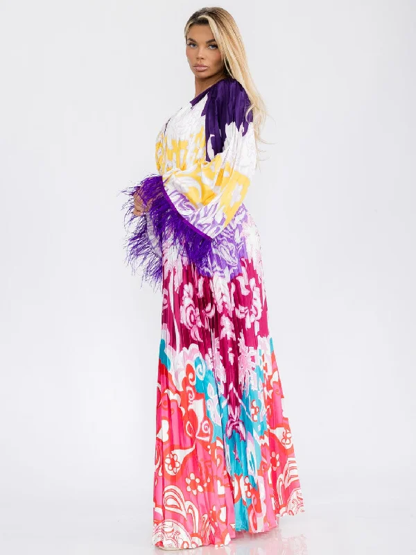Women's Functional Apparel For Outdoor Activities Style Breakthroughs WOMEN'S LONG FEATHER SLEEVE V-NECK COLORBLOCK PLEATED MAXI DRESS