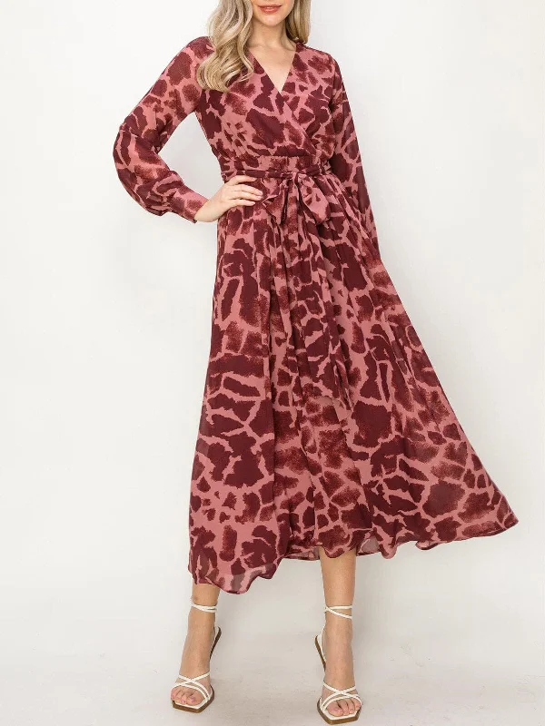 Women's Evening Wear Attire Shop Sales WOMEN'S LONG SLEEVE ANIMAL PRINT SURPLICE MAXI DRESS