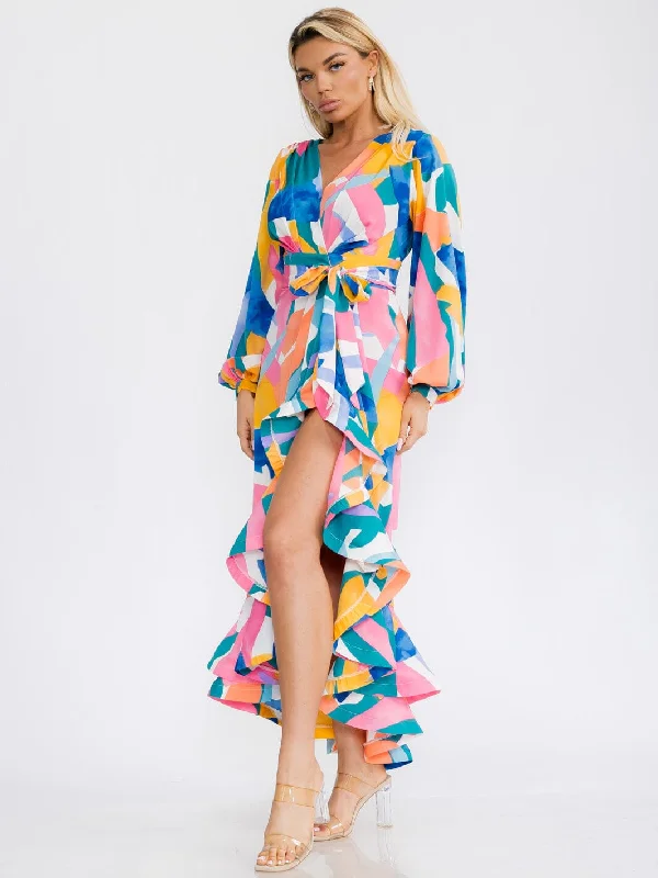 Women's Everyday Apparel Huge Price Cut WOMEN'S LONG SLEEVES SELF TIE WRAP FRONT SLIT RUFFLE PRINTED MAXI DRESS