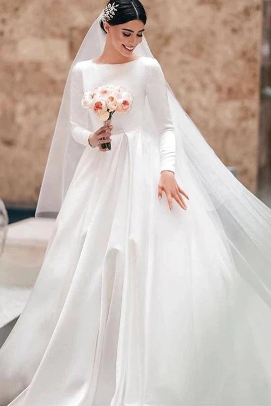 Elegant Women's Attire Step Ahead, Lead The Trend A-line Wedding Dresses Long Sleeves Satin Bridal Gowns Elegant Women's Attire Step Ahead, Lead The Trend A-line Wedding Dresses Long Sleeves Satin Bridal Gowns