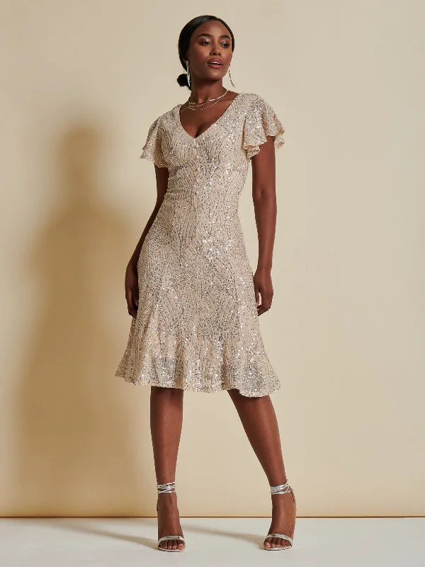 Women's Garments Elegant Style Sequin Fit & Flare Midi Dress, Oyster