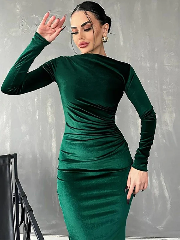 Women's Athletic Outfit Limited Time Flash Sale Velvet Long Sleeve Midi Dress - Elegant Party Clothes for Christmas Party